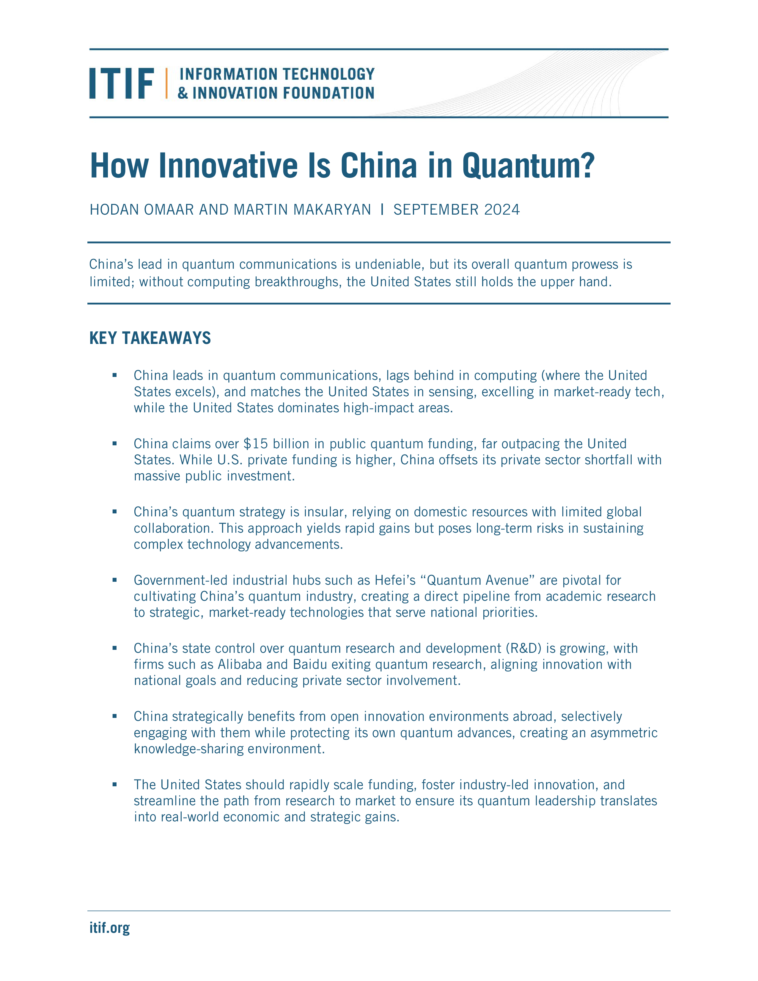 美国信息技术与创新基金会2024中国在量子领域的创新能力如何研究报告英文版25页