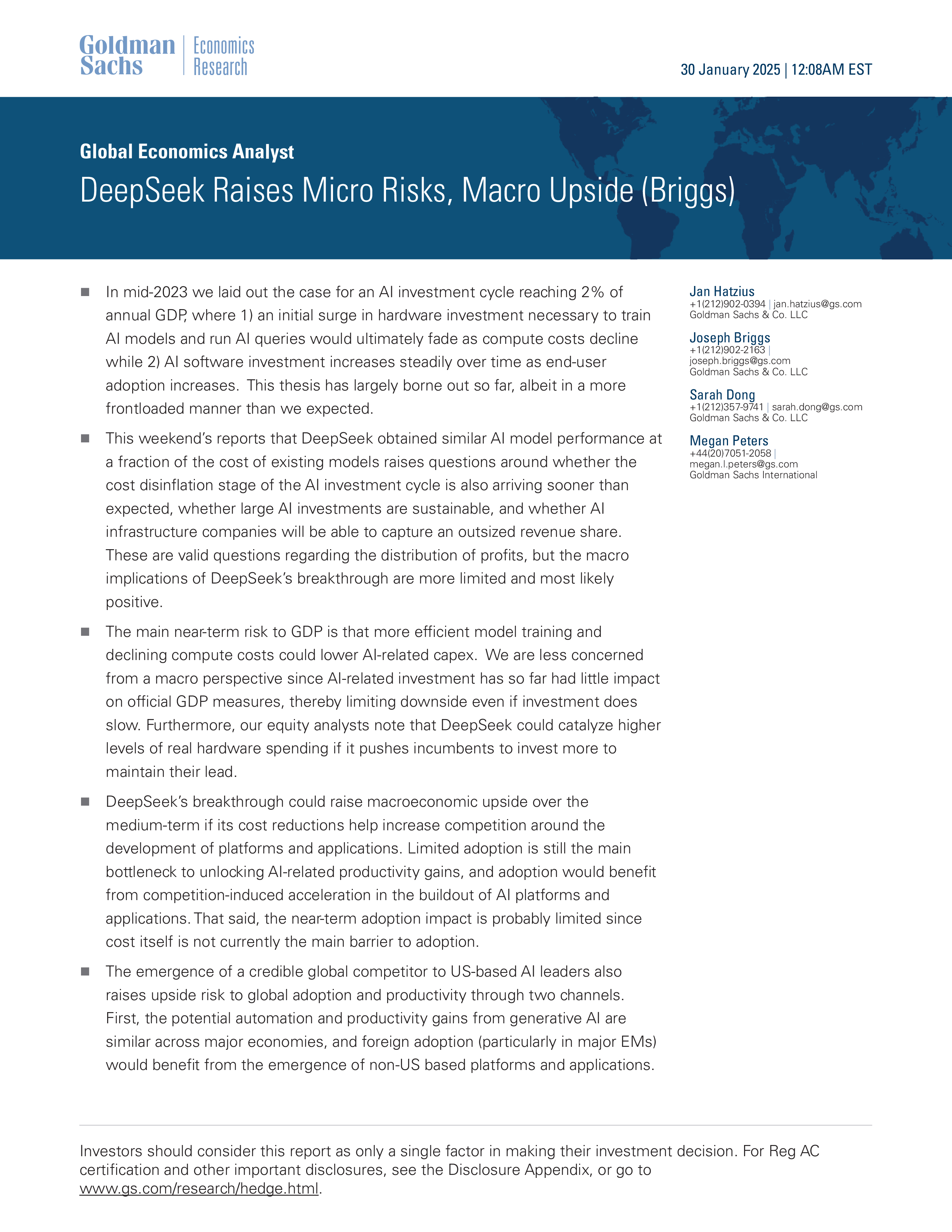高盛2025全球经济前沿研判DeepSeek微观风险积聚与宏观增益空间的动态博弈英文版11页