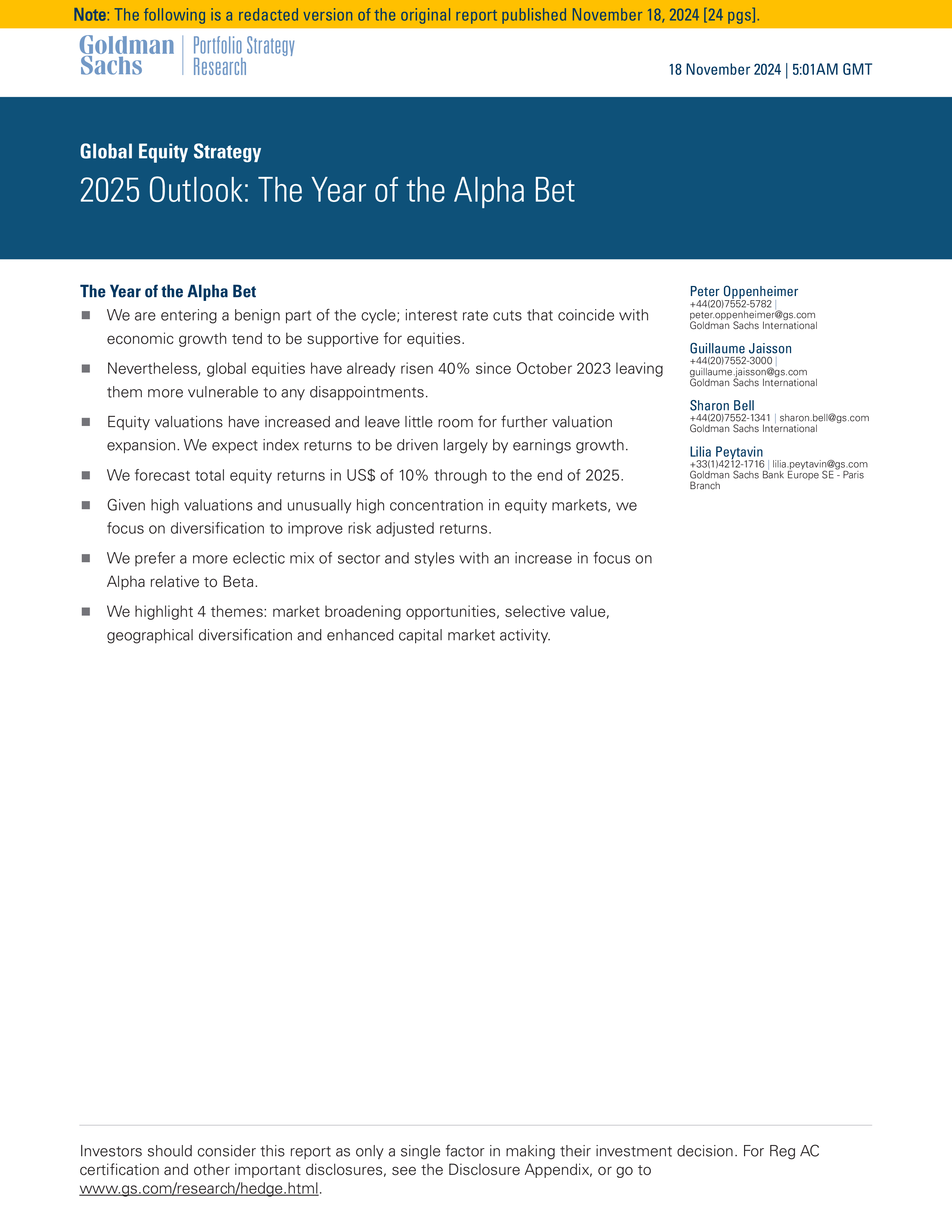 高盛2025年全球股票市场策略展望报告押注阿尔法之年投资者有望获得超额回报英文版21页