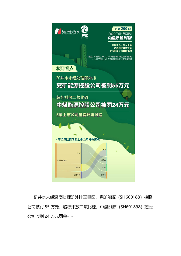 A股绿色周报丨5家上市公司暴露环境风险 兖矿能源控股公司被罚55万元