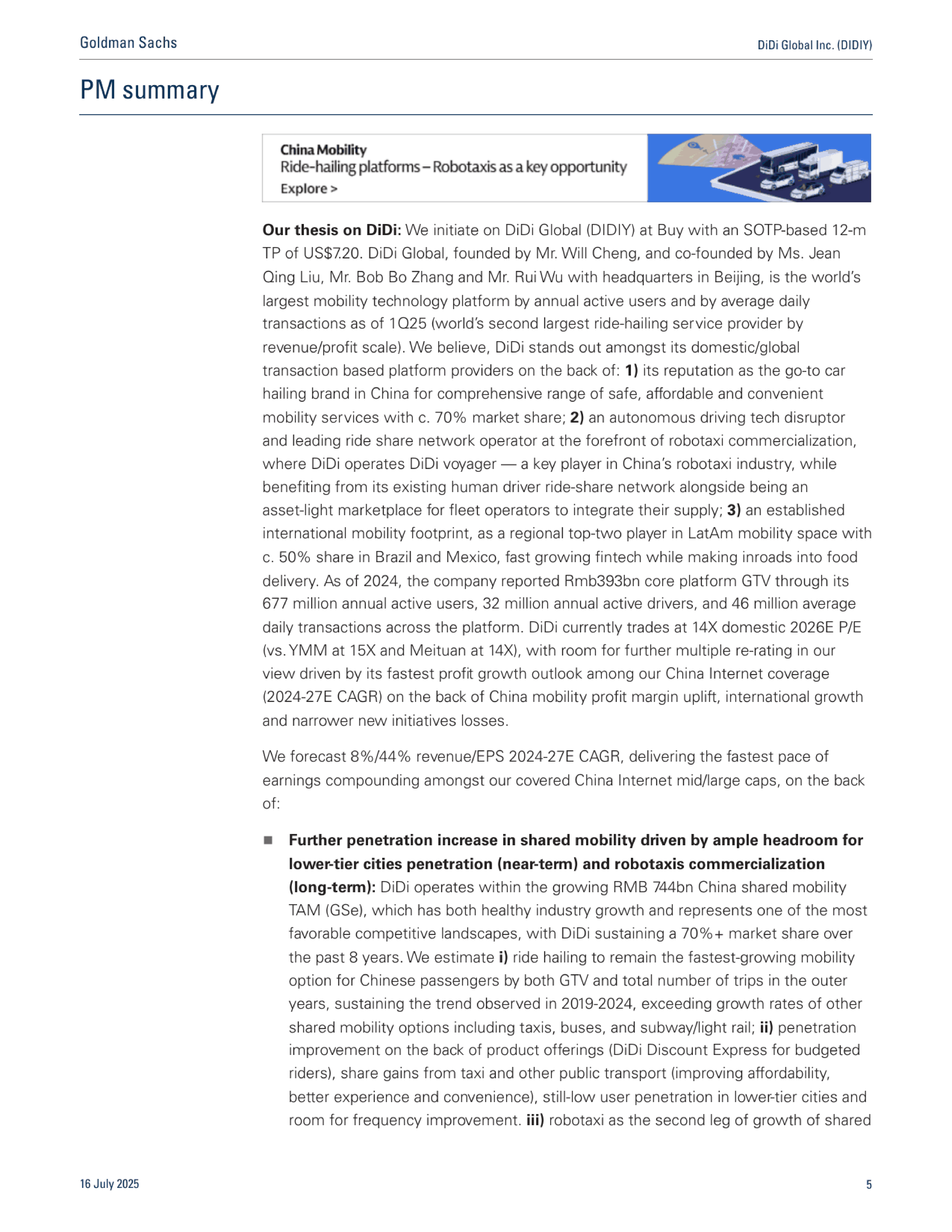DiDi Global Inc. (DIDIY)，全球移动出行增长处于自动驾驶出租车商业化的前沿，首次覆盖给予买入评级
